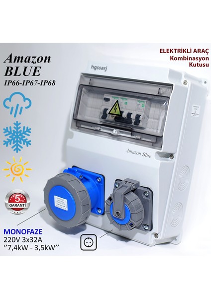 Amazon Blue, IP66-IP67-IP68, Monofaze Elektrikli Araç Kombinasyon Kutusu, Tesla Blue Adaptöre Uyumlu, 3X32A + 1X16A - 5 Yıl Garanti
