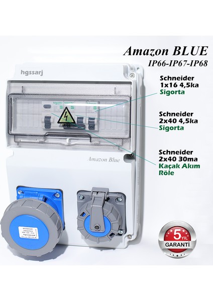 Amazon Blue, IP66-IP67-IP68, Monofaze Elektrikli Araç Kombinasyon Kutusu, Tesla Blue Adaptöre Uyumlu, 3X32A + 1X16A - 5 Yıl Garanti