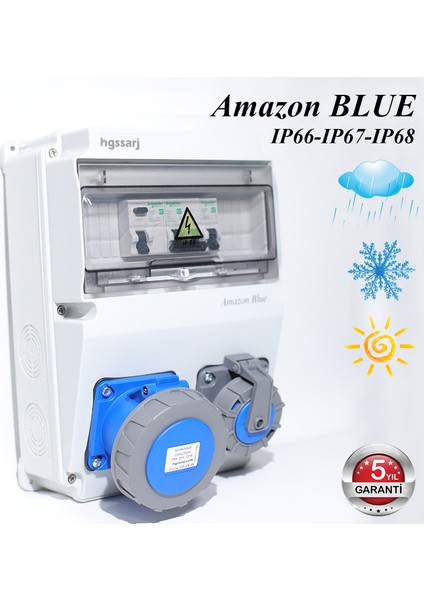 Amazon Blue, IP66-IP67-IP68, Monofaze Elektrikli Araç Kombinasyon Kutusu, Tesla Blue Adaptöre Uyumlu, 3X32A + 1X16A - 5 Yıl Garanti