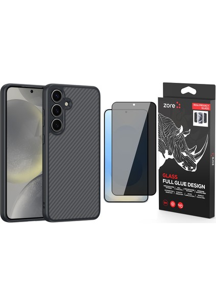 Galaxy S25 Plus Kılıf Magsafe Şarj Özellikli Karbon Fiber Tasarımlı Zore Elnino Kapak + Rika Premium Privacy Temperli Cam Ekran Koruyucu