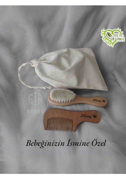 İsme Özel %100 Keçi Kılı Doğal Bebek Saç Fırçası,doğal Ahşap Şimşir Tarak ve Bez Saklama Çantası 3'lü Set fiyatları