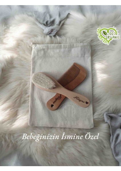 İsme Özel Keseli Bebek Keçi Kılı Saç Fırçası ve Şimşir Tarak Seti