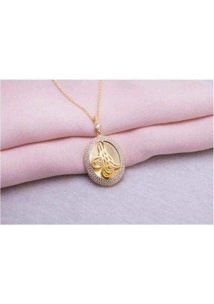 925 Ayar Gümüş Altın Kaplama Tuğralı Oval Kolye fiyatları