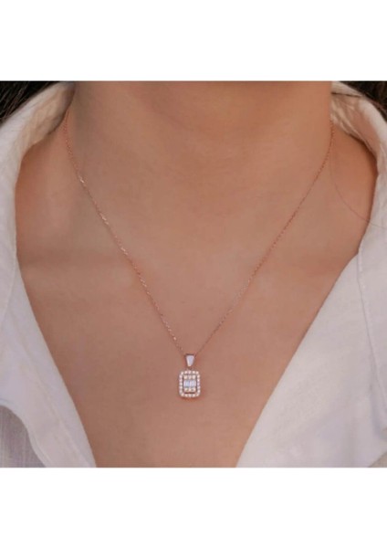 925 Ayar Gümüş Baget Taşlı Rose Kaplama Kadın Kolye