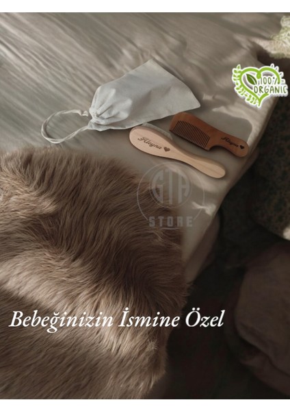 İsme Özel Keseli Bebek Keçi Kılı Saç Fırçası ve Şimşir Tarak Seti modelleri