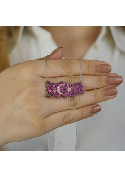 925 Ayar Gümüş Şanlı Ay Yıldız Tasarımlı Türkiye Haritalı Kadın Kolye, Ayyıldız Kolye