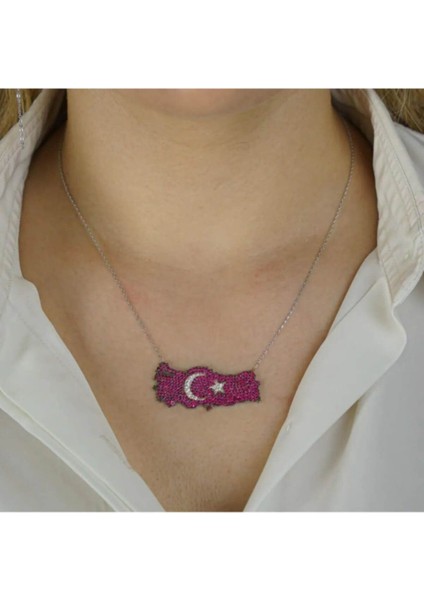 925 Ayar Gümüş Şanlı Ay Yıldız Tasarımlı Türkiye Haritalı Kadın Kolye, Ayyıldız Kolye fiyatları