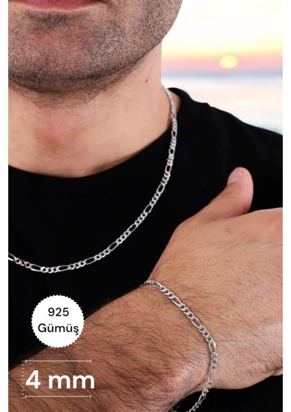 925 Ayar Gümüş 4 mm Figaro Kolye ve Bileklik Seti - Erkek ve Kadın Için Şık Takım