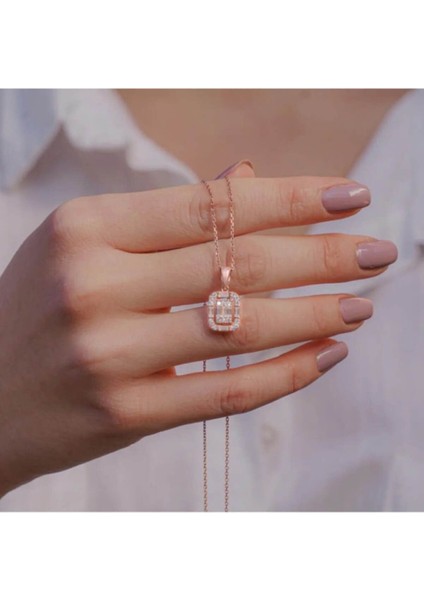 925 Ayar Gümüş Baget Taşlı Rose Kaplama Kadın Kolye