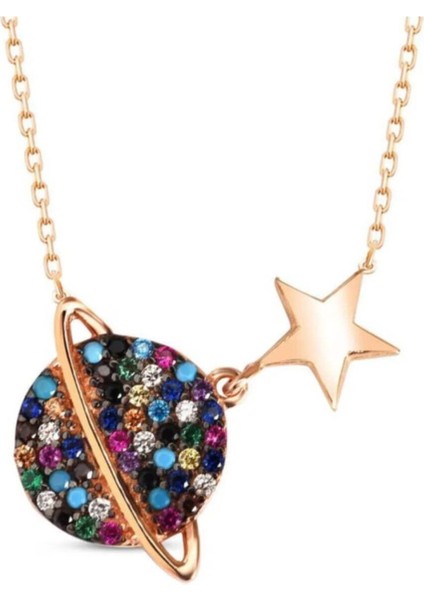 925 Ayar Gümüş Galaksi Gezegen Tasarımlı Renkli Nano Taşlı Gümüş Kolye