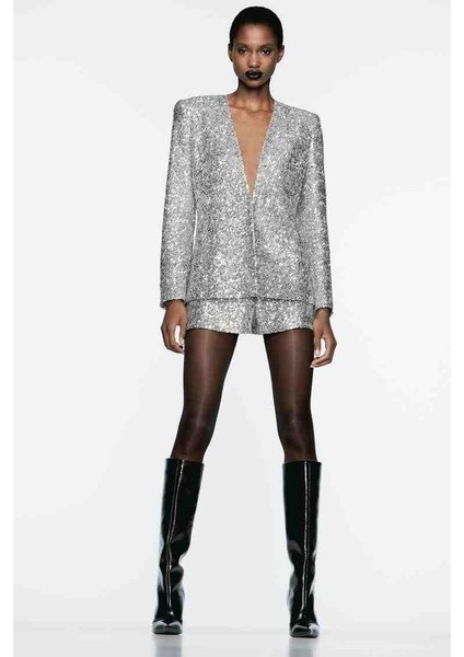 Allbucks Zara, Gümüş Payetli Blazer Ceket ABZRA1002