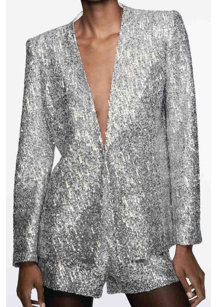 Allbucks Zara, Gümüş Payetli Blazer Ceket ABZRA1002