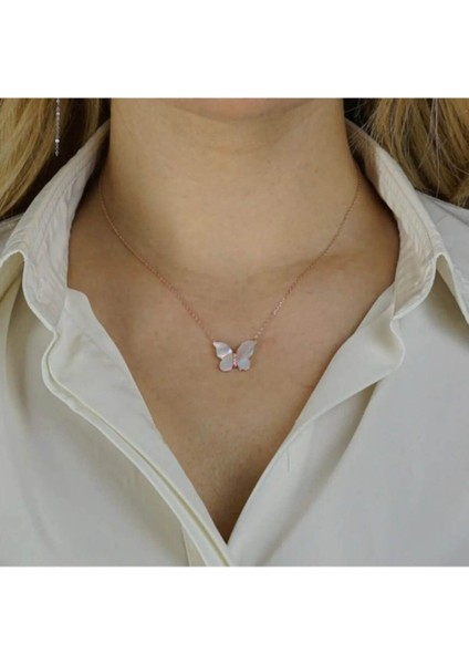 925 Ayar Gümüş Sedef Taşlı Kelebek Tasarımlı Kadın Kolye Rose