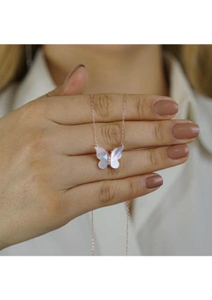 925 Ayar Gümüş Sedef Taşlı Kelebek Tasarımlı Kadın Kolye Rose fiyatları