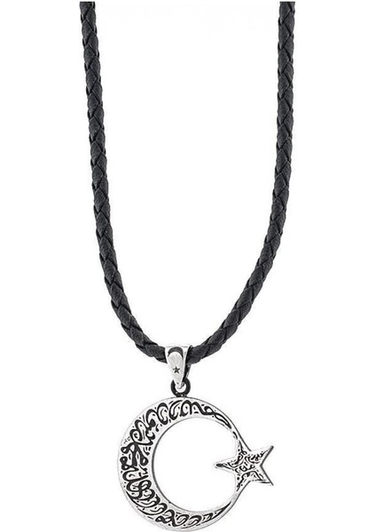 Kelimei Tevhid Yazılı Büyük Boy Ay Yıldız Tasarımlı 925 Ayar Gümüş Deri Ipli Kolye