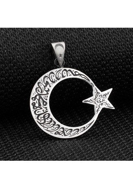 Kelimei Tevhid Yazılı Büyük Boy Ay Yıldız Tasarımlı 925 Ayar Gümüş Deri Ipli Kolye fiyatları