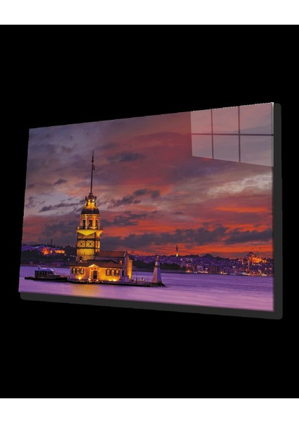 - Kızıl Gökyüzü Kız Kulesi Manzaralı Cam Tablo