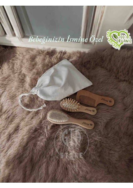 İsme Özel %100 Keçi Kılı Doğal Bebek Saç Fırçası, Doğal Bambu Masaj Tarağı, Doğal Ahşap Şimşir Tarak ve Bez Saklama Çantası 4'lü Set fiyatları