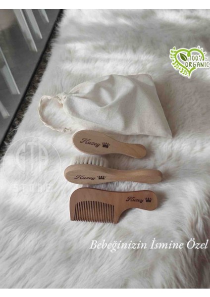 İsme Özel %100 Keçi Kılı Doğal Bebek Saç Fırçası, Doğal Bambu Masaj Tarağı, Doğal Ahşap Şimşir Tarak ve Bez Saklama Çantası 4'lü Set modelleri