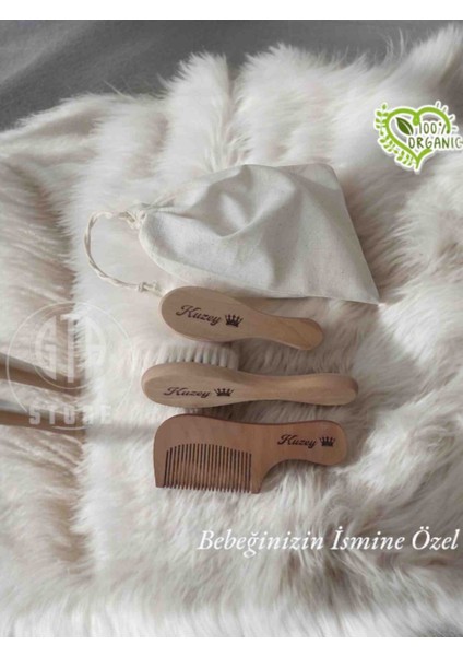 İsme Özel %100 Keçi Kılı Doğal Bebek Saç Fırçası, Doğal Bambu Masaj Tarağı, Doğal Ahşap Şimşir Tarak ve Bez Saklama Çantası 4'lü Set fırsatları