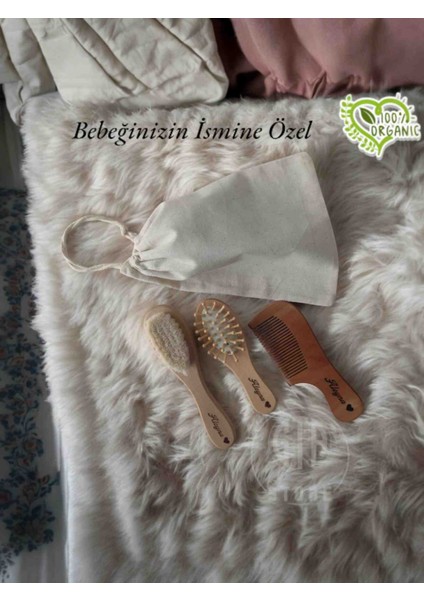 İsme Özel %100 Keçi Kılı Doğal Bebek Saç Fırçası, Doğal Bambu Masaj Tarağı, Doğal Ahşap Şimşir Tarak ve Bez Saklama Çantası 4'lü Set modelleri