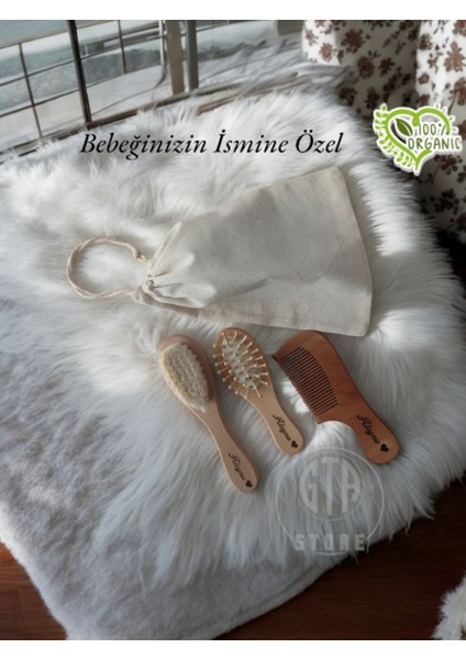 İsme Özel %100 Keçi Kılı Doğal Bebek Saç Fırçası, Doğal Bambu Masaj Tarağı, Doğal Ahşap Şimşir Tarak ve Bez Saklama Çantası 4'lü Set