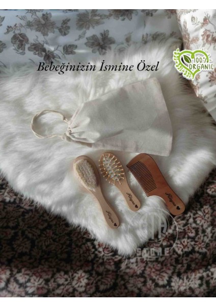 İsme Özel %100 Keçi Kılı Doğal Bebek Saç Fırçası, Doğal Bambu Masaj Tarağı, Doğal Ahşap Şimşir Tarak ve Bez Saklama Çantası 4'lü Set fırsatları