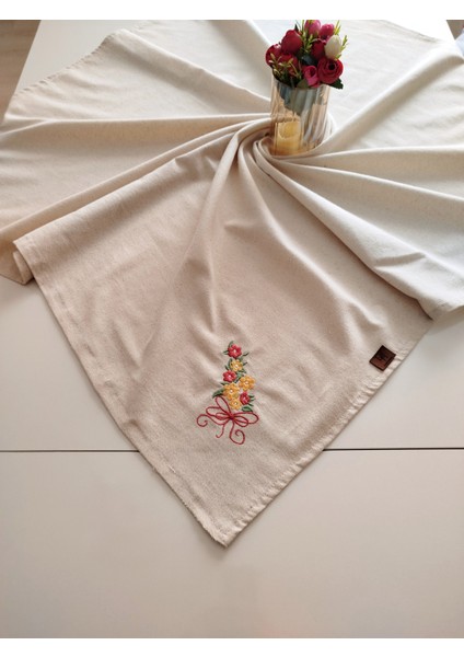 Buldan Ham Keten Otantik Yumuşacık Nakışlı 115X115 cm Masa Örtüsü