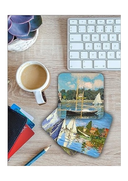 Claude Monet Temalı Ahşap Bardak Altlığı Ahşap Baskılı Altlık 6'lı Set (9 x 9 cm ) KARBONNM20