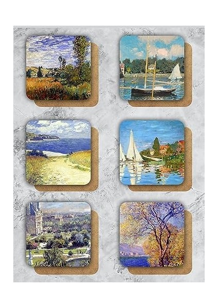 Claude Monet Temalı Ahşap Bardak Altlığı Ahşap Baskılı Altlık 6'lı Set (9 x 9 cm ) KARBONNM20