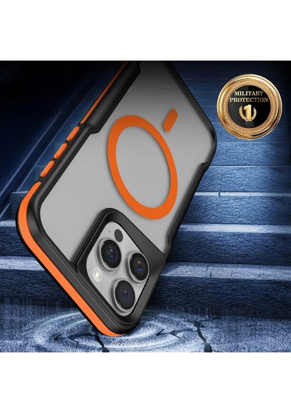 Apple iPhone 16 Pro Max Kılıf Magsafe Şarj Özellikli Military Airbag Şeritli Lamer Kapak
