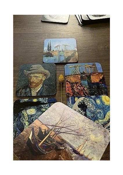 Van Gogh Temalı Ahşap Bardak Altlığı Ahşap Baskılı Altlık 6'lı Set (9 x 9 cm ) KARBONNM14