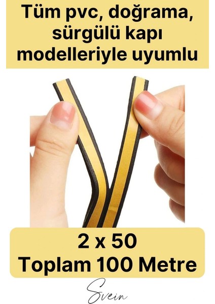 Kalın Kauçuk 2X50=100 mt Ekstra Uzun Siyah Kapı Pencere Fitili Soğuk Koruyucu Geçirmez Izolasyon