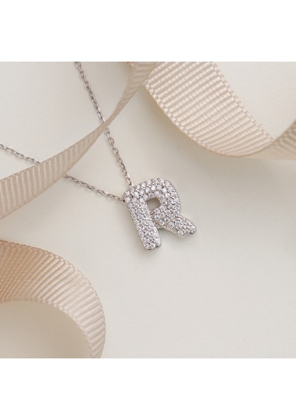 925 Ayar Radyum Kaplama Harfli --R Harfi Gümüş Kolye