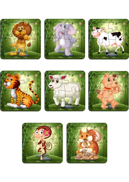 Çocuklar Için Eğitici ve Öğretici Ahşap 8 Li 4 Parçalı Hayvanlar Mini Puzzle Set 8'li Set 2