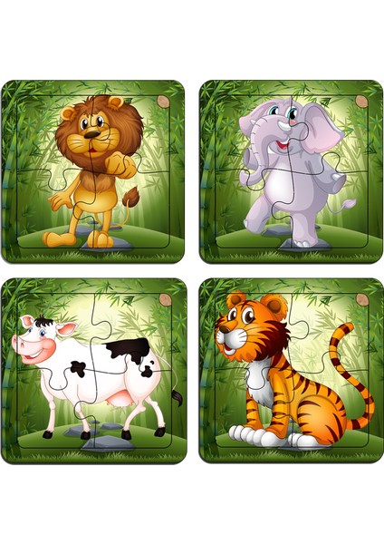 Çocuklar Için Eğitici ve Öğretici Ahşap 8 Li 4 Parçalı Hayvanlar Mini Puzzle Set 8'li Set 2