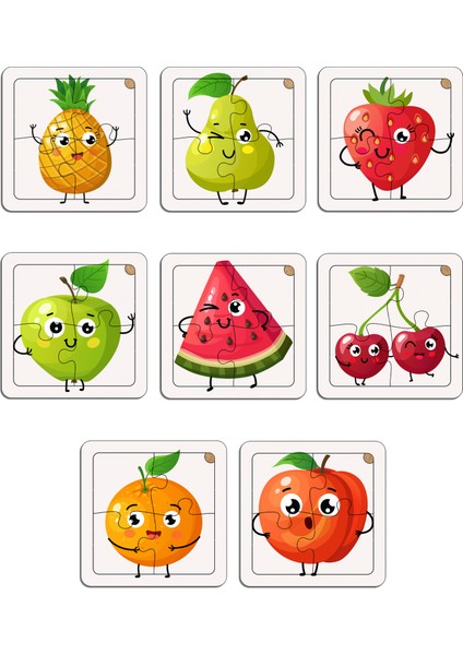 Çocuklar Için Eğitici ve Öğretici Ahşap 8 Li 4 Parçalı Meyveler Mini Puzzle Set 8'li Set 3