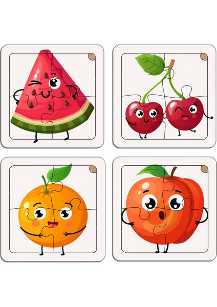 Çocuklar Için Eğitici ve Öğretici Ahşap 8 Li 4 Parçalı Meyveler Mini Puzzle Set 8'li Set 3