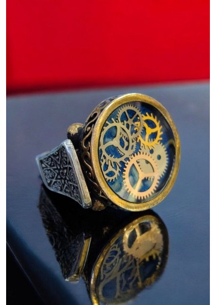 925 Ayar Gümüş Özel Tasarım Saat Çark Desenli Mavi Mineli Erkek Gümüş Yüzük