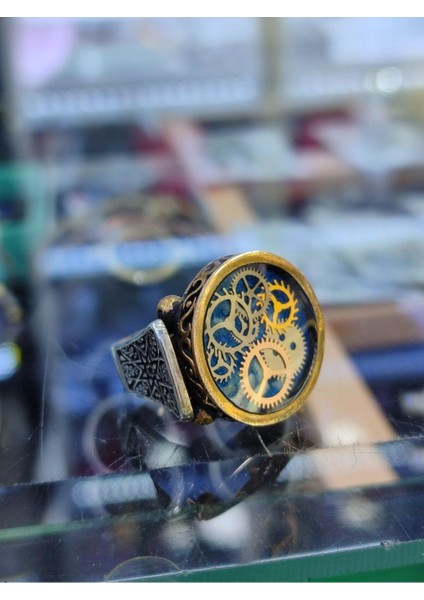 925 Ayar Gümüş Özel Tasarım Saat Çark Desenli Mavi Mineli Erkek Gümüş Yüzük fiyatları
