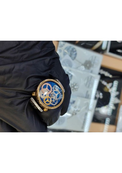 925 Ayar Gümüş Özel Tasarım Saat Çark Desenli Mavi Mineli Erkek Gümüş Yüzük modelleri