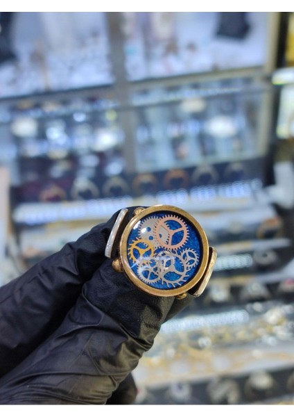 925 Ayar Gümüş Özel Tasarım Saat Çark Desenli Mavi Mineli Erkek Gümüş Yüzük fırsatları