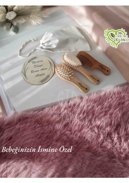 İsme Özel %100 Keçi Kılı Doğal Bebek Saç Fırçası, Doğal Bambu Masaj Tarağı,doğal Ahşap Şimşir Tarak, Merhaba Dünya İsim Plakası ve Bez Saklama Çantası 5'li Set modelleri