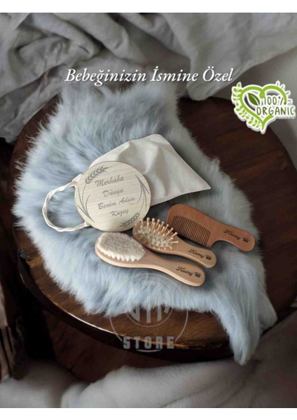 İsme Özel %100 Keçi Kılı Doğal Bebek Saç Fırçası, Doğal Bambu Masaj Tarağı,doğal Ahşap Şimşir Tarak, Merhaba Dünya İsim Plakası ve Bez Saklama Çantası 5'li Set modelleri