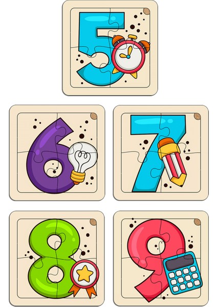 Çocuklar Için Eğitici ve Öğretici Ahşap 10'lu 4 Parçalı Rakamlar Mini Puzzle Set 4