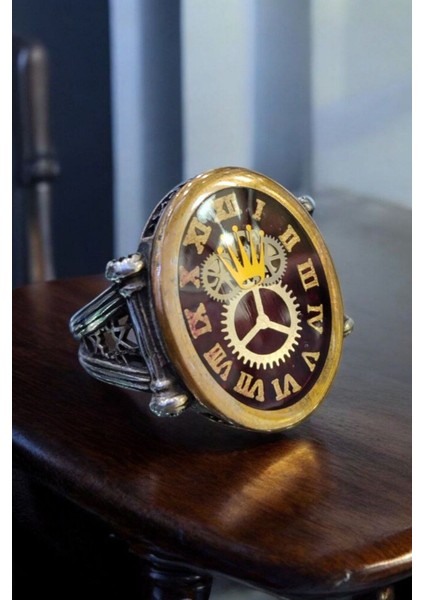 925 Ayar Gümüş Özel Tasarım Saat Çark Desenli Mineli Erkek Gümüş Yüzük