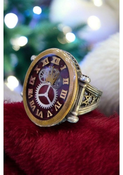 925 Ayar Gümüş Özel Tasarım Saat Çark Desenli Mineli Erkek Gümüş Yüzük fiyatları