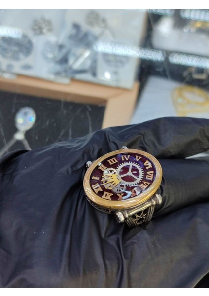 925 Ayar Gümüş Özel Tasarım Saat Çark Desenli Mineli Erkek Gümüş Yüzük modelleri