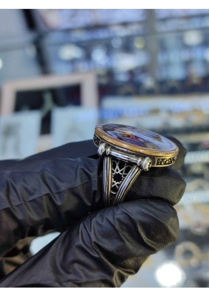 925 Ayar Gümüş Özel Tasarım Saat Çark Desenli Mineli Erkek Gümüş Yüzük indirimleri