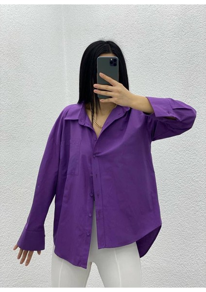 Oversize Balon Kol Pile Detaylı Uzun Basic Kadın Gömlek